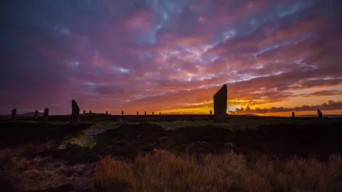 Sunset at the Ring of Brodgar Stenness in Orkney 4K Time Lapse Video stock 253194551