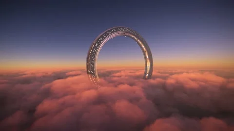 Sunset of a ring-shaped city of the future. Front view of an alien town Stock Footage 205096173