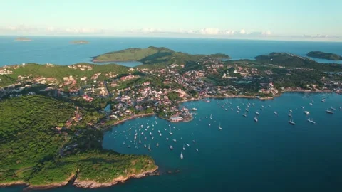 Sunset in Rio de Janeiro, Panoramic Aerial View Above Búzios Praia dos Stock-Footage 242649744
