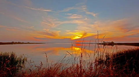 Sunset on the river. 4K. FULL HD, 4096x2304. Stock Footage 34251999