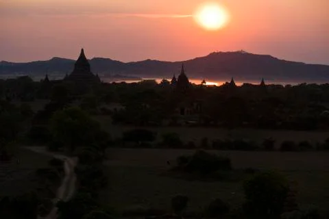 Sunset, River and temples in Bagan, Myanmar Stock Photos