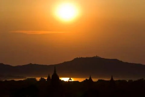 Sunset, River and temples in Bagan, Myanmar Stock Photos