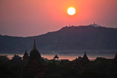 Sunset, River and temples in Bagan, Myanmar Stock Photos