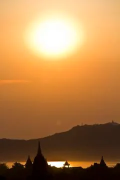 Sunset, River and temples in Bagan, Myanmar Stock Photos