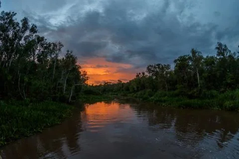 Sunset on the river in the Bornean forest Stock Photos