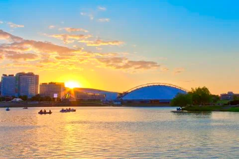 Sunset on the river in the city Stock Photos
