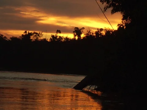 Sunset on River Current in Amazon Jungle Rainforest with Silhouetted Trees Stock Footage 112943248