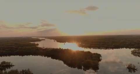 Sunset River Drone Aerial Still Water Cloud Reflections Vídeo Stock 82073210