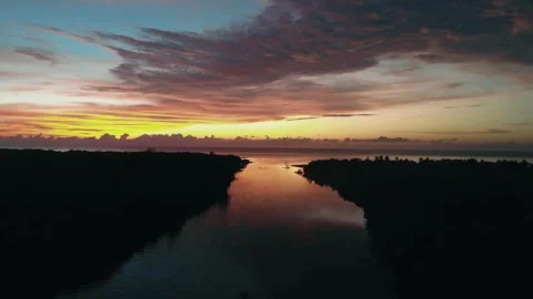Sunset river drone, tranquil waterway view, tropical dusk horizon Stock Footage 311398143