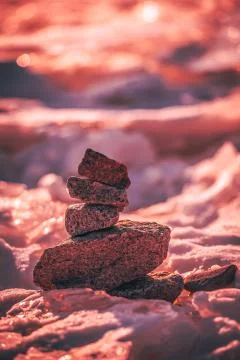 Sunset on the river, ice on the background Stock Photos
