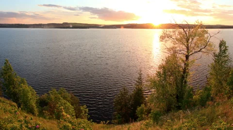 Sunset on the river Kama. Cape Strelka, Gorodishche Village,  Stock Footage 56997914