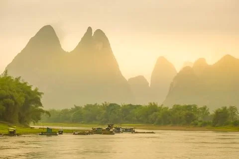 Sunset in the River Li, China 스톡 사진