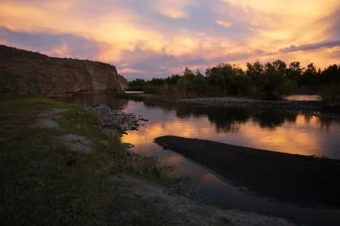 Sunset on a river in Mongolia Stock Photos