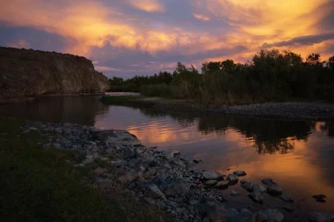 Sunset on a river in Mongolia Stock Photos