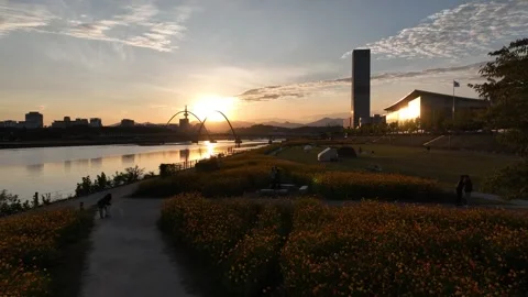 A sunset river with the mountain and trees Video stock 303550871