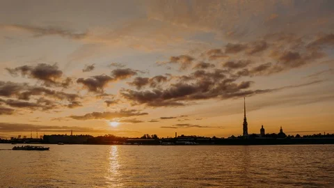 Sunset on the river Neva at the Peter and Paul Fortress in Saint Petersburg Russ Stock Footage 112295077