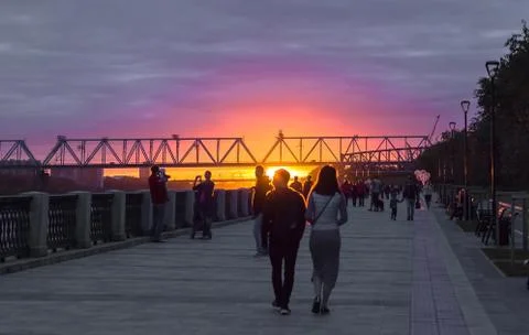 Sunset on the river OB, the Ob River embankment, Russia, Novosibirsk Stock Photos
