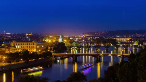 Sunset by river in Prague timelapse, dense boat traffic on river among bridges Stock Footage 144992231