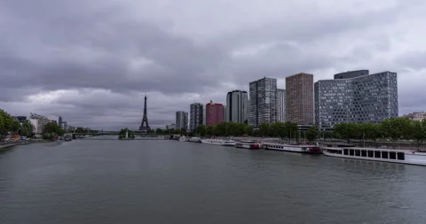 Sunset at the river Seine and the Eiffel Tower Stock Footage 158748884