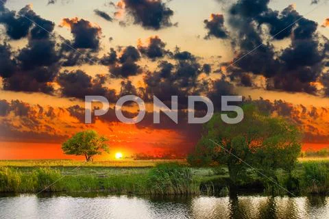 Sunset river sky summer tree landscape nature forest reflection Stock Photos