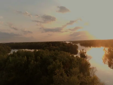 Sunset River Still Water Cloud Reflections Drone Aerial Stock Footage 82072956