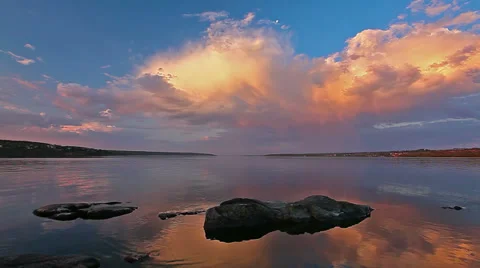 Sunset on the river - timelapse. 4K. FULL HD, 4096x2304. Stock Footage 34400596