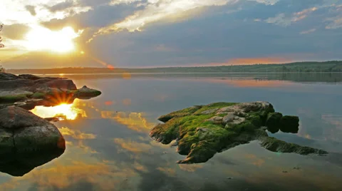 Sunset on the river - timelapse. 4K. FULL HD, 4096x2304. Stock Footage 34403916