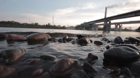 Sunset on the River under the bridge Stock-Footage 53263385