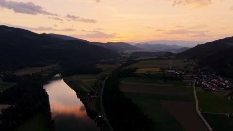 Sunset river valley drone view Stockbeeldmateriaal 335713224