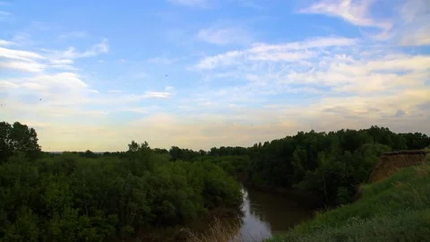 Sunset on the river in the village Stock Footage 76466708