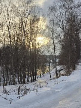 Sunset on the river in winter Stock Photos