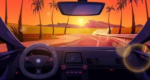 Sunset road with inside car dashboard view vector Stock Illustration