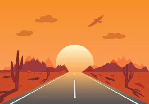 Sunset road in mexican desert, background for travel design,vector Stock Illustration