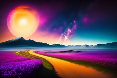 Sunset on the road with purple fields. High resolution digital images Stock Illustration