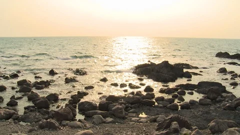 Sunset at rocky ocean front in Japan Stock Footage 86758744