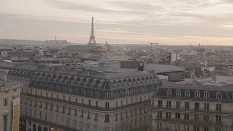 Sunset rooftop of Galeries Lafayette Haussmann, Eiffel Tower Paris Stock Footage 275863783
