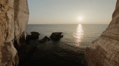 Sunset at Rosh Hanikra grottoes - looking south from the bridge Stock Footage 34258063