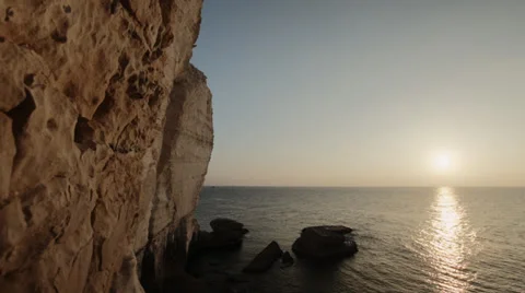 Sunset at Rosh Hanikra grottoes - looking south from the bridge Stock Footage 34258065