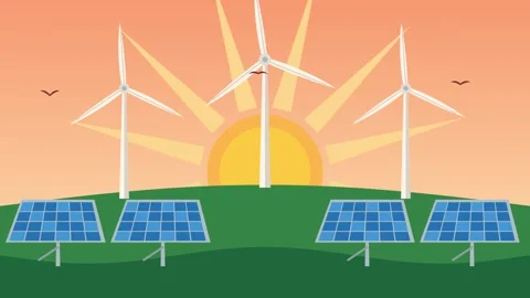 Sunset with rotating sun rays behind wind turbines and solar panels Vídeos de archivo 348618593