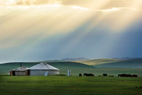 Sunset in rural area with Ger of Nomadic in Mongolia. Stock Photos
