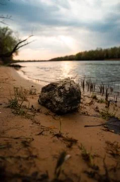 Sunset rural river sky clouds landscape. Rural river sunset landscape. Rural Stock Photos