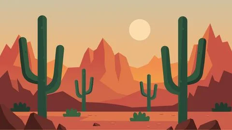 Sunset Saguaro Desert Flat Design Illustration Landscape Stock Illustration