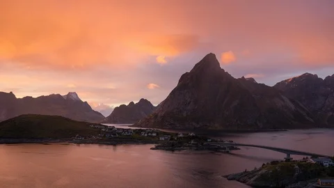 Sunset at Sakrisoy in Lofoten archipelago, Norway, Scandinavia Stock Footage