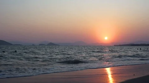 Sunset on the sandy beach with sea view. Seascape. Stock Footage 116016849