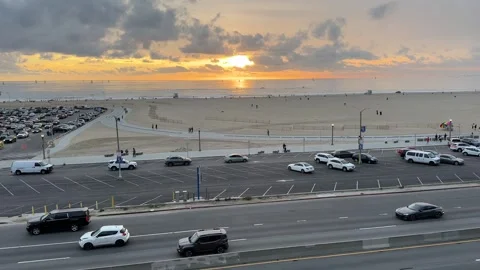 Sunset in Santa Monica, CA facing the beach Stock Footage 263002396