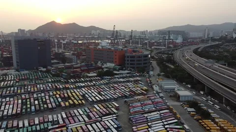 Sunset Scene at Container Termianal at Dusk - Aerial Footage Stock-Footage 246304417