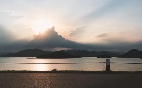 Sunset scene on dam Stock Photos