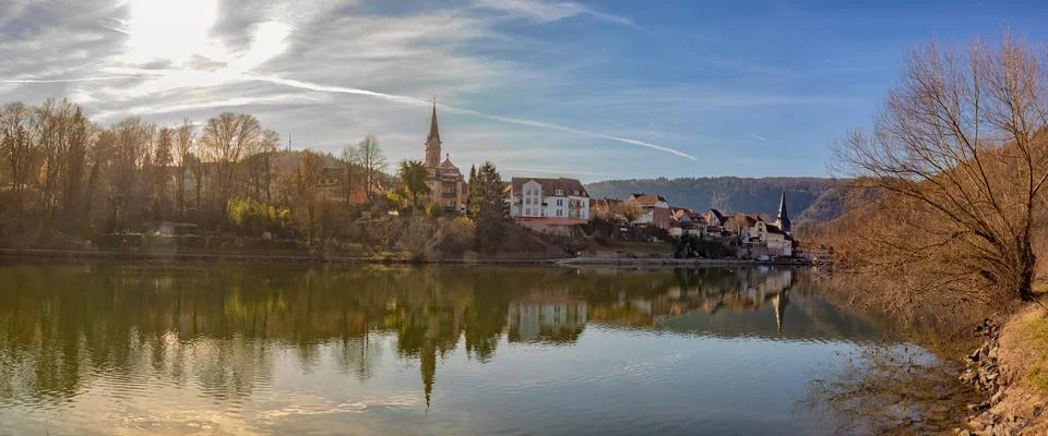 Sunset scene at german river. Stock Photos