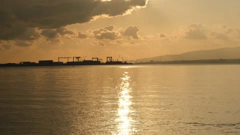 Sunset sea and harbor Stock Footage 171108738
