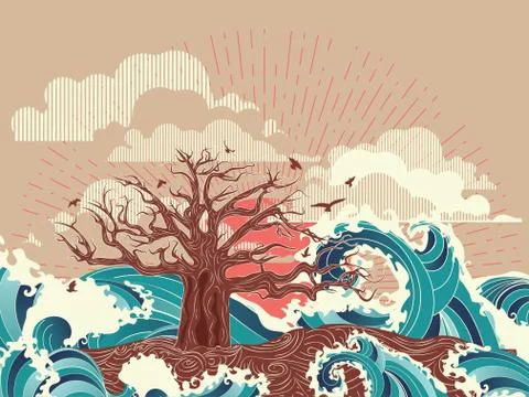 Sunset sea and tree Stock Illustration